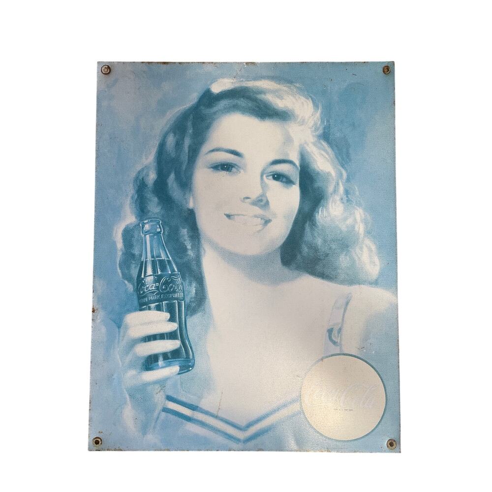 Sign Coca-Cola Beautiful Brunette Metal Tin Desperate Enterprises Blue